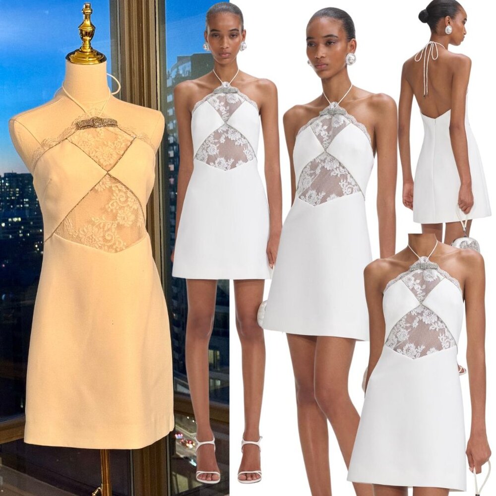 🆕 SELF PORTRAIT 🧿 NWOT White Crepe Halterneck Mini Dress, Sz UK 8 / US 4